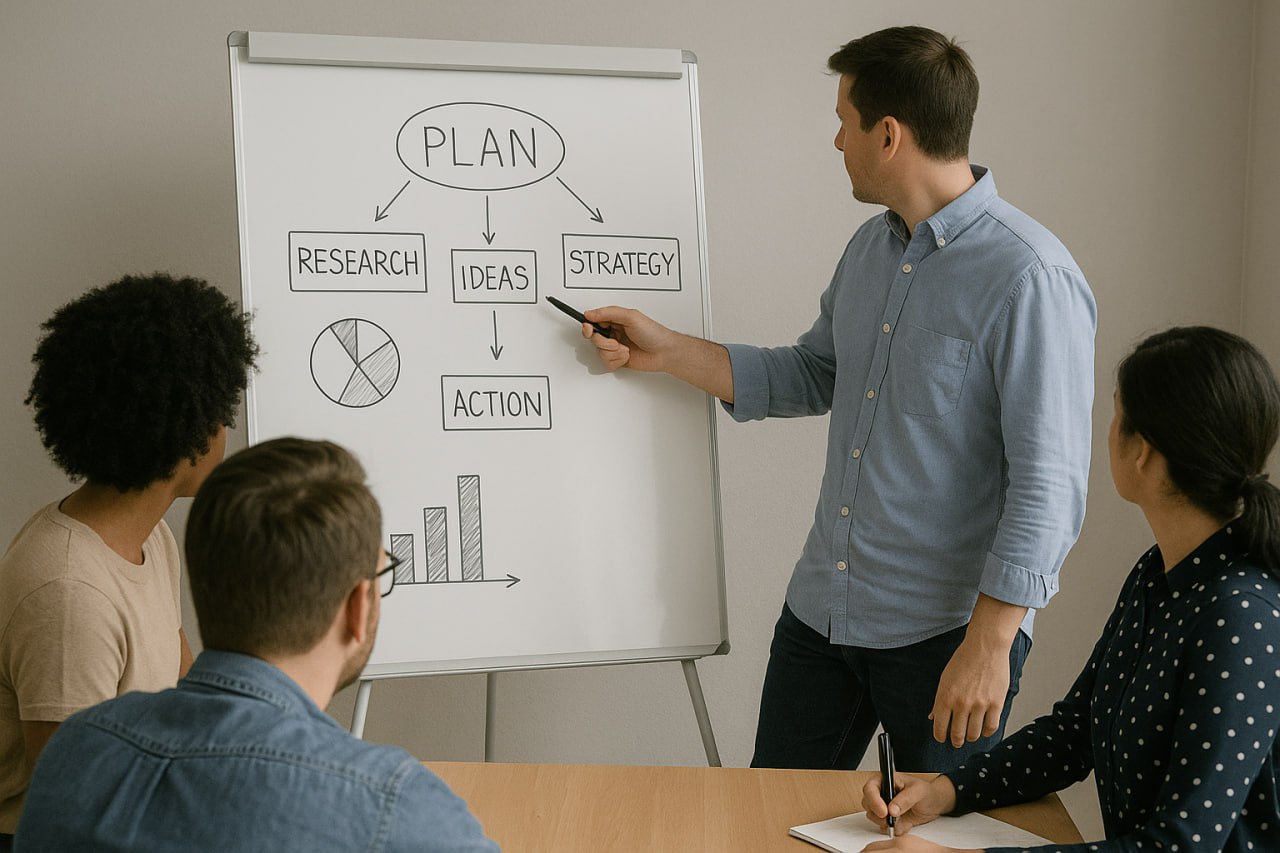 جلسه تیمی و برنامه‌ریزی روی وایت‌بورد
