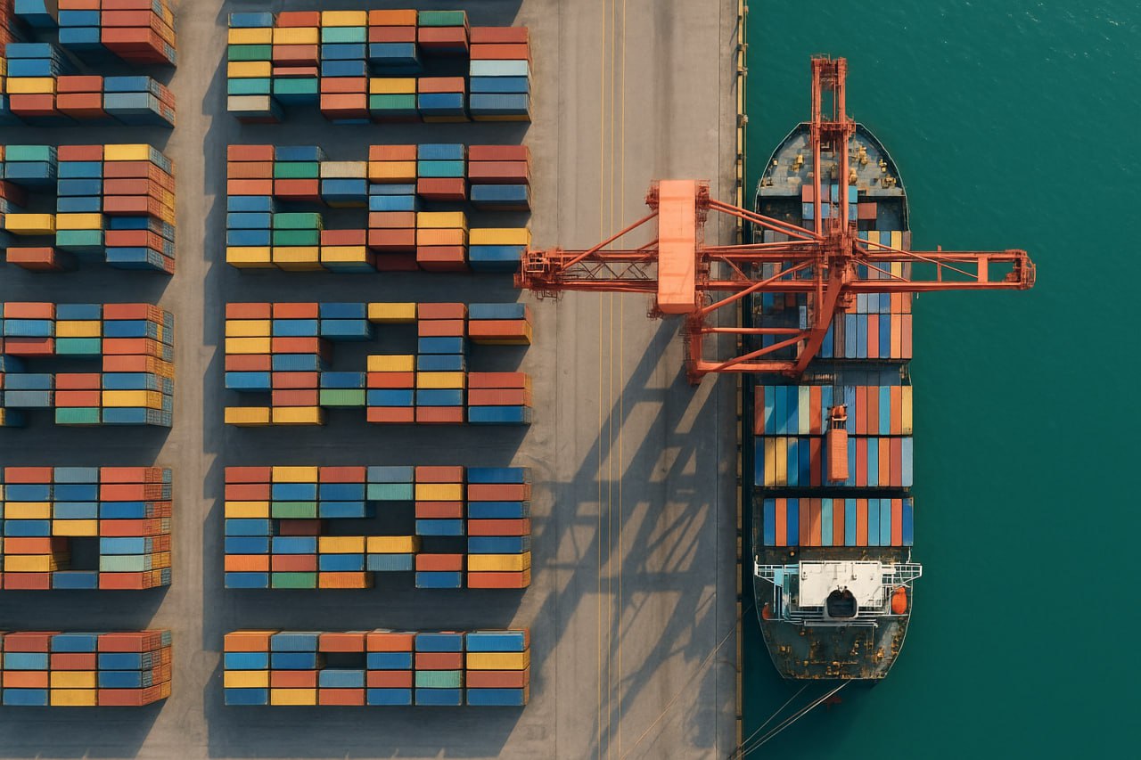 نمای هوایی اسکله و کانتینرها